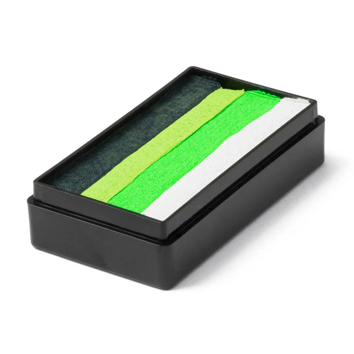 Global Colours Bright Leaf One Stroke face paint cake with dark green, lime green, neon green and white colour stripes