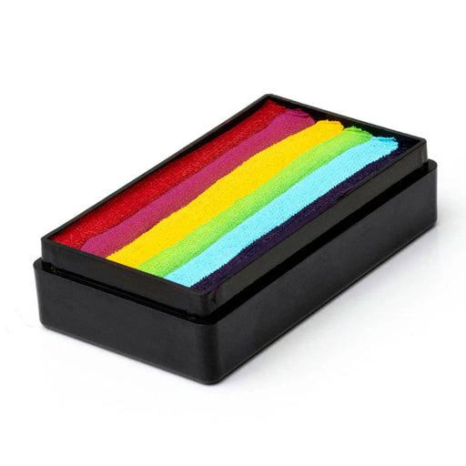 Global Colours Rainbow Fun Strokes 25g one-stroke face paint cake showing red, magenta, yellow, lime green, light blue and purple colour bands