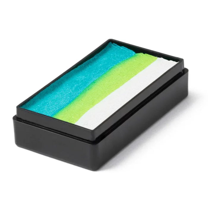 Global Colours Royal Jasmine magnetic One Stroke face paint cake with teal, bright green and white stripes