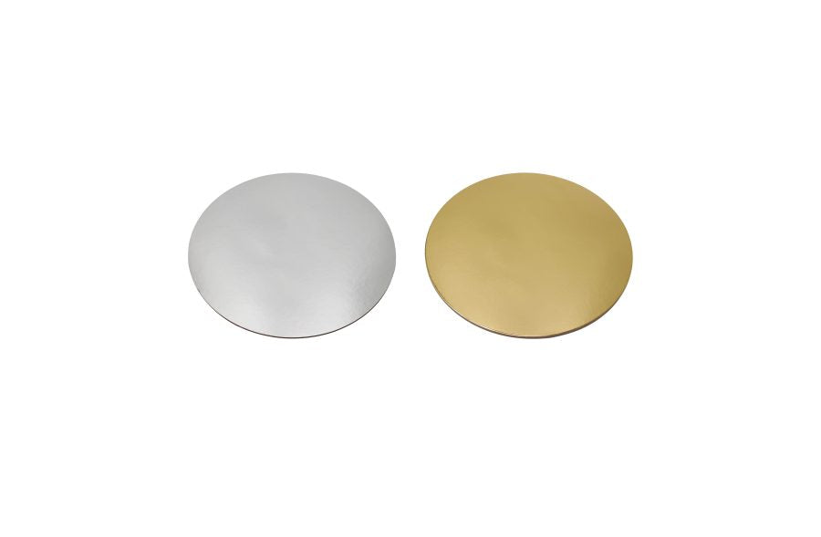 Gold and silver 150mm round FSC cake boards for cake decorating, pack of 4