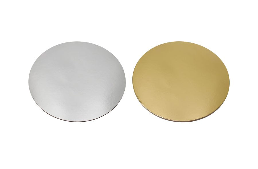 Gold and silver 250mm round FSC cake boards for cake decorating, pack of 3