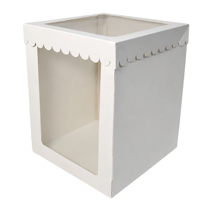 Tall white display cake box with scalloped edge and two clear windows, top and front