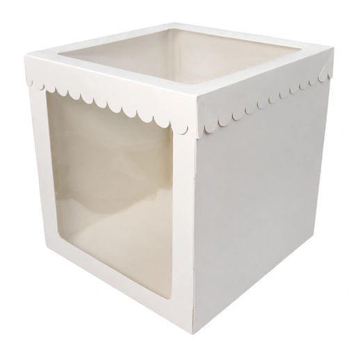12x12x12 tall white display cake box with scalloped edge and two clear windows, top and front