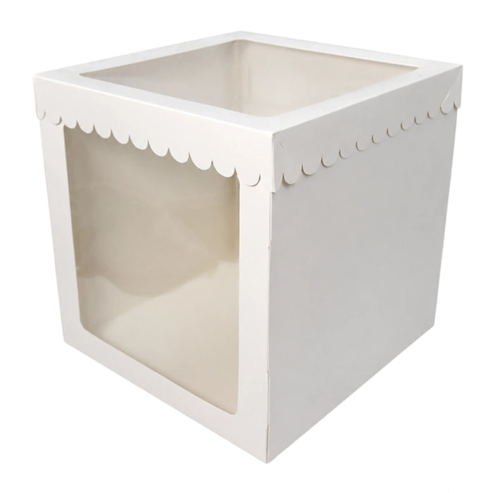 12x12x12 tall white display cake box with scalloped edge and two clear windows, top and front