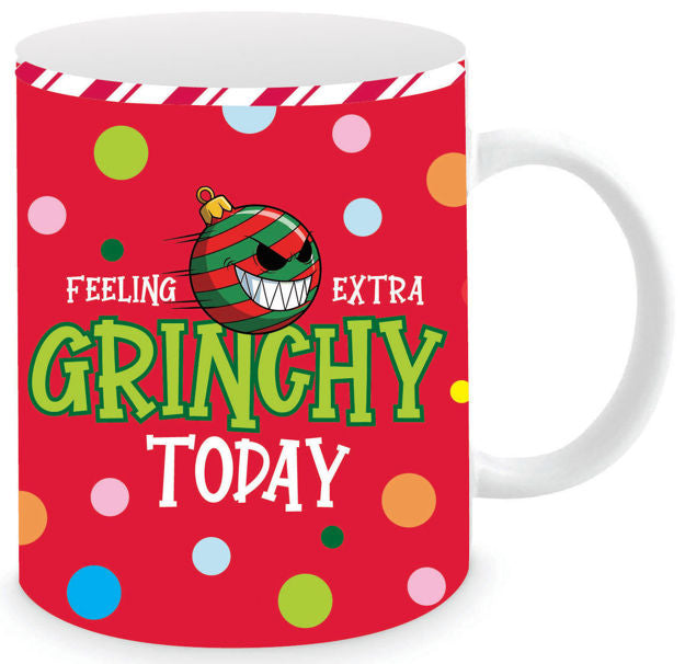 Feeling Extra Grinchy Today 350ml Christmas mug with colourful grumpy bauble design
