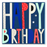 Happy Birthday card with oversized blue, red, mint and cream patterned lettering and stars on a navy background