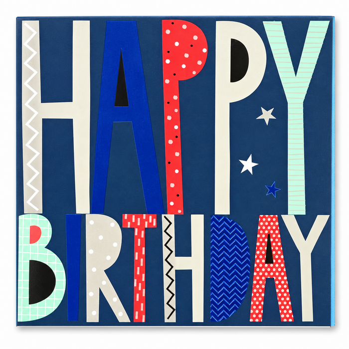 Happy Birthday card with oversized blue, red, mint and cream patterned lettering and stars on a navy background