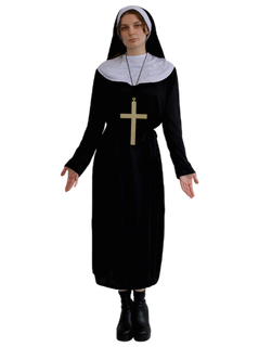Adult nun costume front view showing black dress, white collar and headpiece