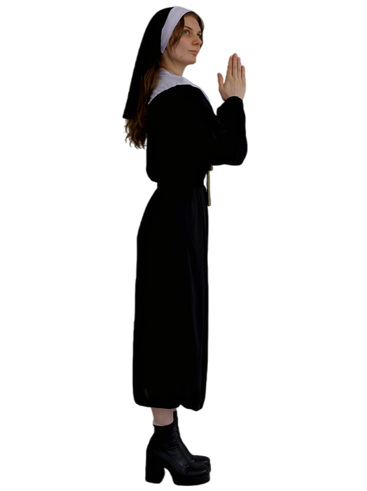 Adult nun costume side view showing black dress and white headpiece