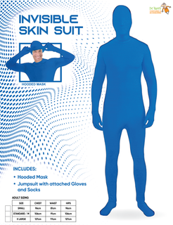 Dr Toms blue invisible skin suit packaging showing hooded mask and jumpsuit with attached gloves and socks