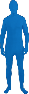 Full-length blue invisible skin suit with covered hood, attached gloves and socks