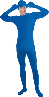 Blue invisible skin suit shown with hood lifted to reveal the wearer's face