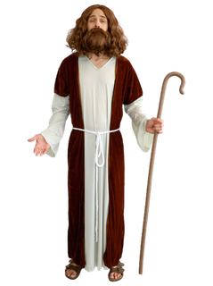 Front view of a model wearing the Jesus adult costume with a white robe, brown coat and rope belt.