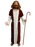 Front view of a model wearing the Jesus adult costume with a white robe, brown coat and rope belt.