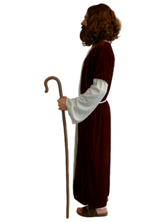 Side view of a model wearing the Jesus adult costume with a white robe and brown coat.