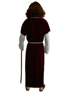 Back view of a model wearing the Jesus adult costume with a brown coat and white rope belt.
