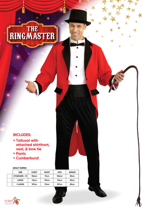 Ringmaster costume packaging showing included tailcoat, trousers and cummerbund with Medium, Large and Extra Large size chart