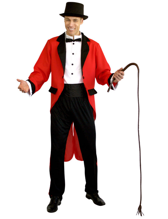 Front view of adult ringmaster costume with red tailcoat, white shirtfront, black bow tie and black trousers