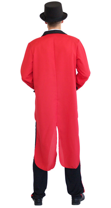 Back view of ringmaster costume showing long red tailcoat and black trousers