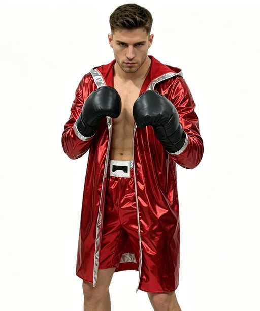 Model wearing red Boxing Champion costume with silver-trimmed hooded jacket, matching pants and black costume gloves