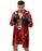 Model wearing red Boxing Champion costume with silver-trimmed hooded jacket, matching pants and black costume gloves