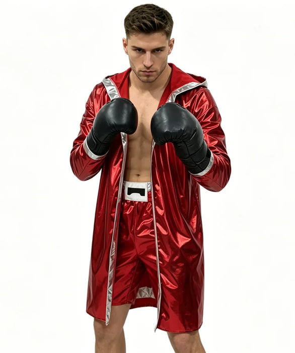 Model wearing red Boxing Champion costume with silver-trimmed hooded jacket, matching pants and black costume gloves