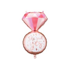 72cm super shape foil balloon shaped like an engagement ring with a pink gem, rose gold band and She Said Yes lettering