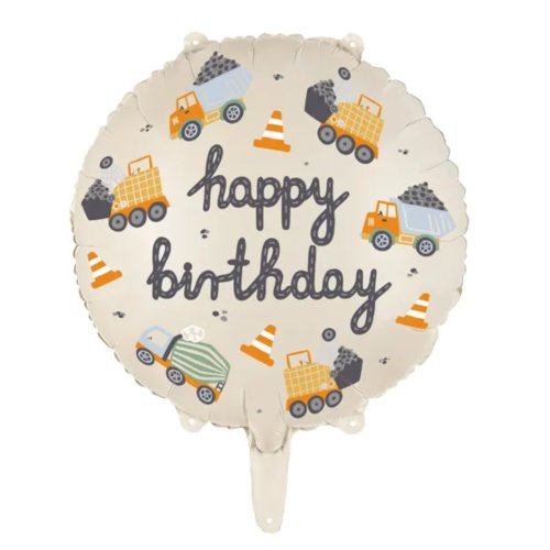 Round cream Happy Birthday foil balloon with construction trucks and orange traffic cones