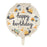 Round cream Happy Birthday foil balloon with construction trucks and orange traffic cones