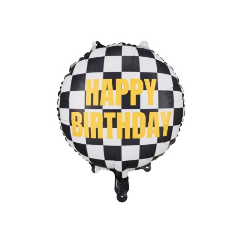 Round black-and-white checkered foil balloon with yellow Happy Birthday lettering