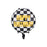 Round black-and-white checkered foil balloon with yellow Happy Birthday lettering
