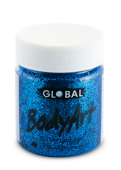 Global Colours blue glitter face and body paint in a clear 45ml tub with a white screw lid