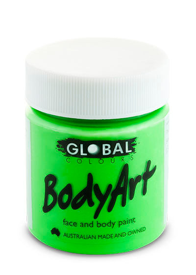 Global Colours BodyArt bright green fluorescent face and body paint in a 45ml tub with a white screw lid