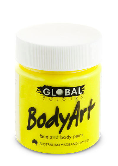 Global Colours BodyArt bright yellow fluorescent face and body paint in a 45ml tub with a white screw lid