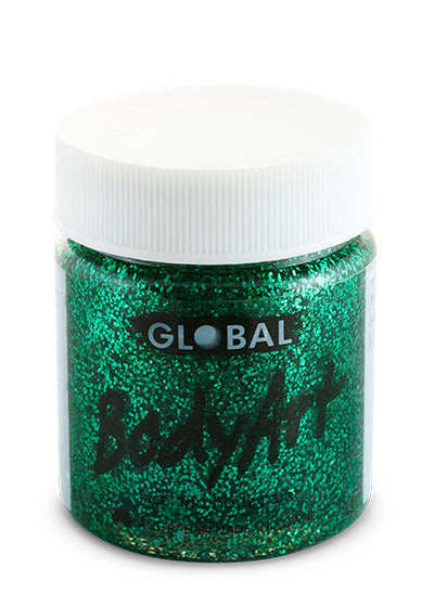 Global Colours BodyArt green glitter face and body paint in a clear 45ml tub with a white screw lid