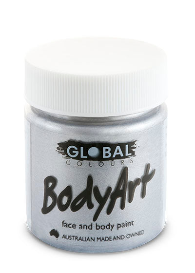 Global Colours BodyArt silver metallic face and body paint in a 45ml tub with a white screw lid