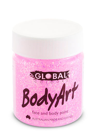 Global Colours BodyArt pink glitter face and body paint in a clear 45ml tub with a white screw lid