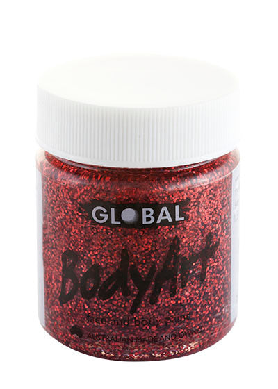 Global Colours red glitter face and body paint in a clear 45ml tub with a white screw lid