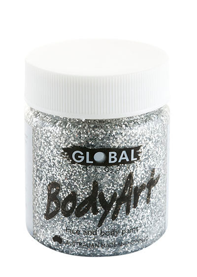 Global Colours BodyArt silver glitter face and body paint in a clear 45ml tub with a white screw lid