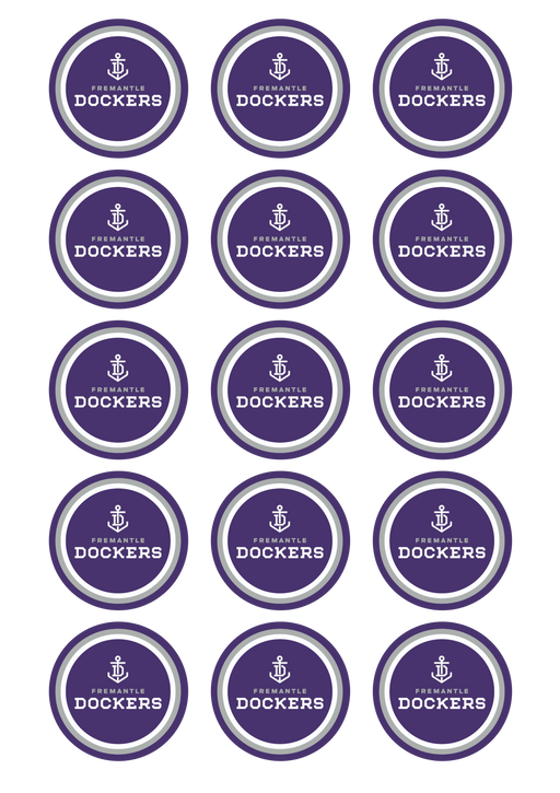 Fremantle Dockers AFL edible cupcake image sheet with 15 purple Dockers cupcake toppers