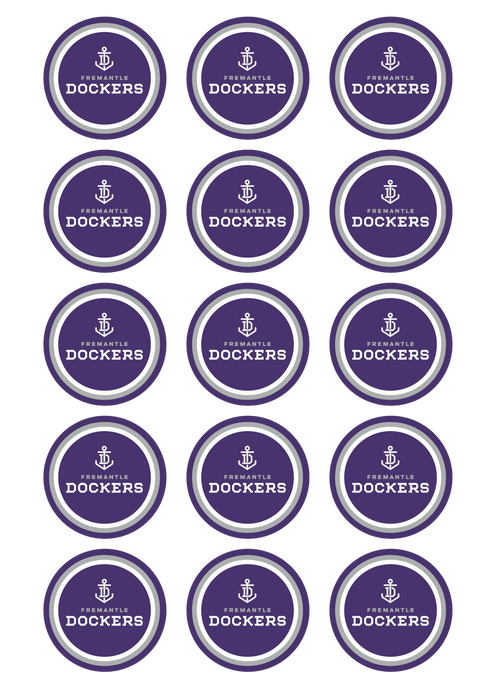 Fremantle Dockers AFL edible cupcake image sheet with 15 purple Dockers cupcake toppers