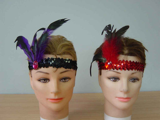 Sequin Headband with Feather- Red