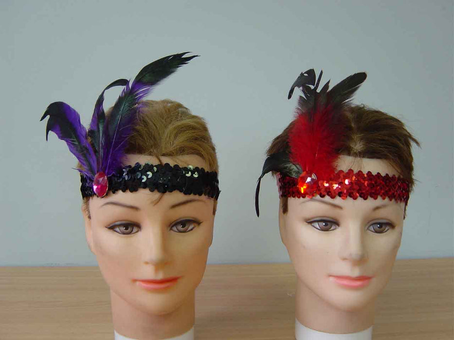Sequin Headband with Feather- Red