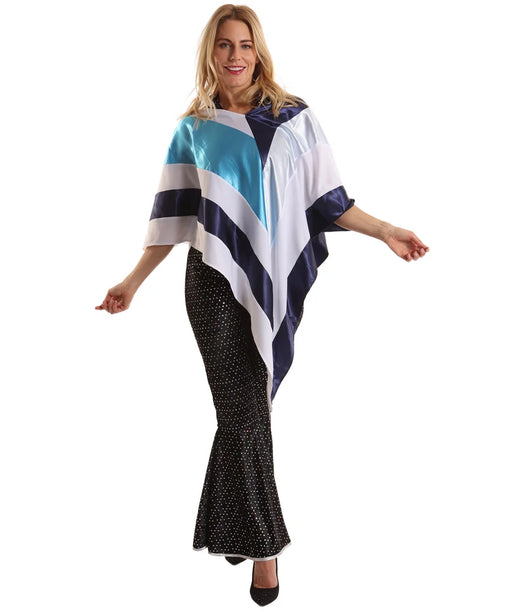 White, turquoise and dark blue 70s disco poncho with pointed hem, shown with trousers not included