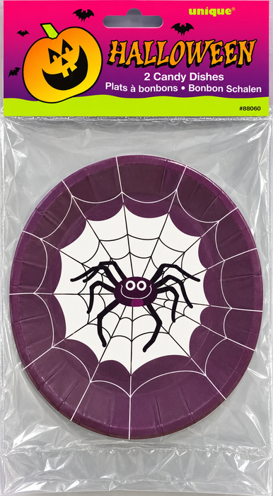 Sealed pack of two purple Halloween candy dishes with a white spiderweb and black spider design.