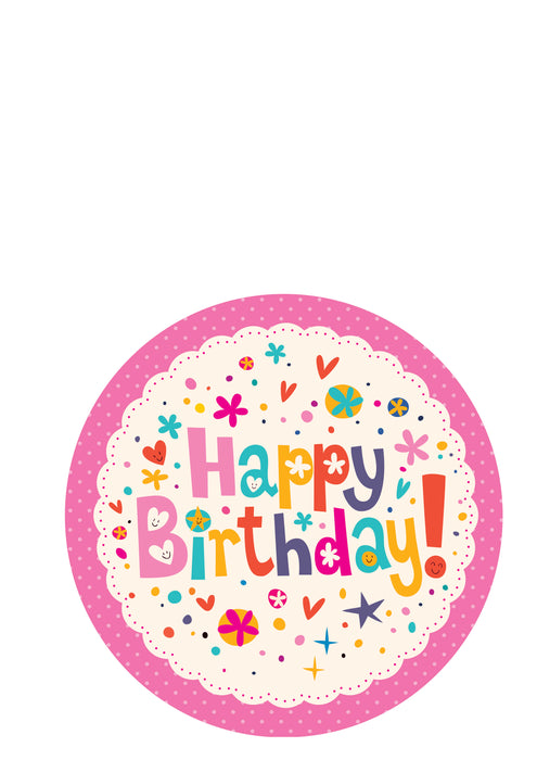 Happy Birthday Pink & Cream Round Edible Icing Image - 6.3 Inch / 16cm