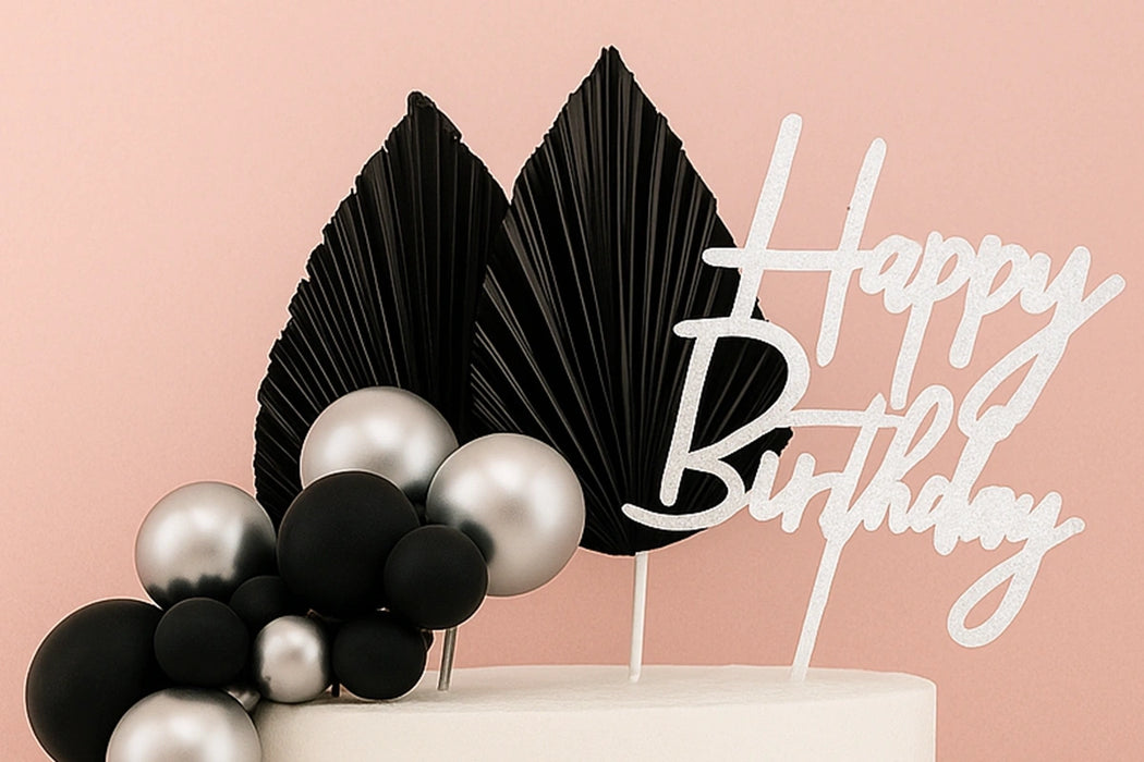 Black and Silver Birthday Topper Set Iconic Cake Art