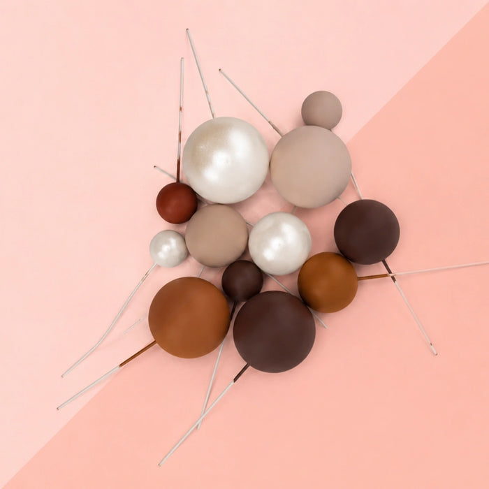Taupe Mix matte ball cake toppers in brown, caramel, taupe and pearl tones on wires