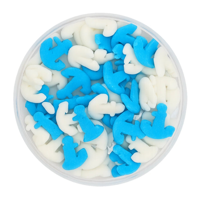 Blue and white Anchor Confetti Iconic Sprinkles in a 100g jar
