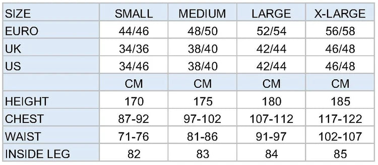 Karnival men’s size chart showing Medium UK 38–40, chest 97–102 cm and waist 81–86 cm